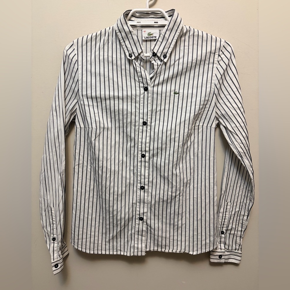 LACOSTE White w/ Black Striped Fitted Button Down Shirt - Picture 1 of 8
